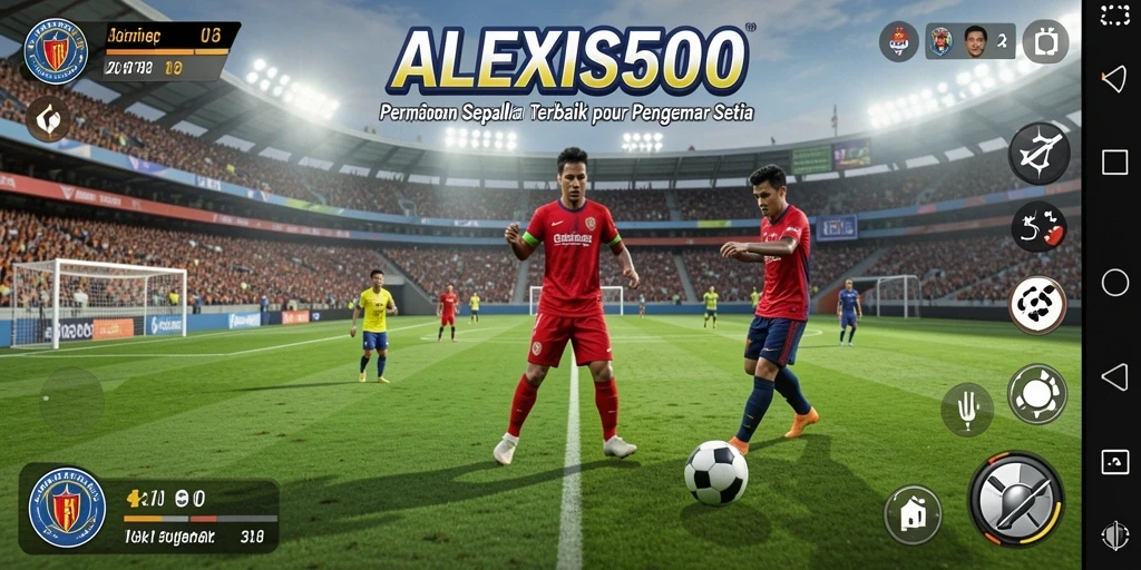 Screenshot utama ALEXIS500 menampilkan aksi seru pertandingan sepak bola.