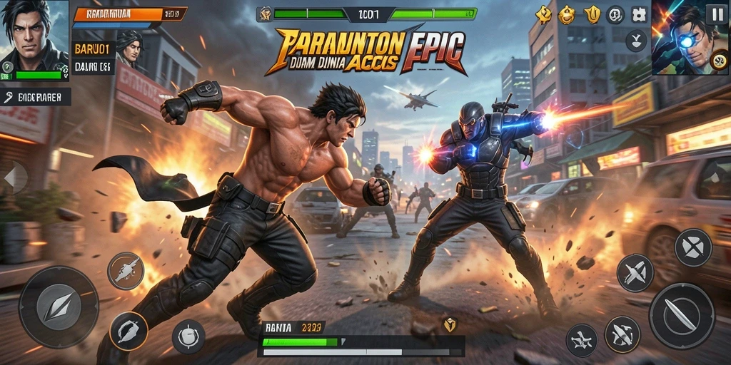 Tangkapan layar menunjukkan pertarungan seru dalam BARU01.