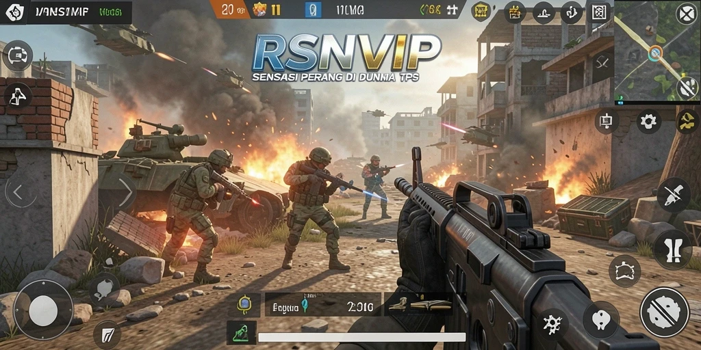 Screenshot utama RSNVIP menunjukkan aksi tembak-menembak yang mendebarkan.