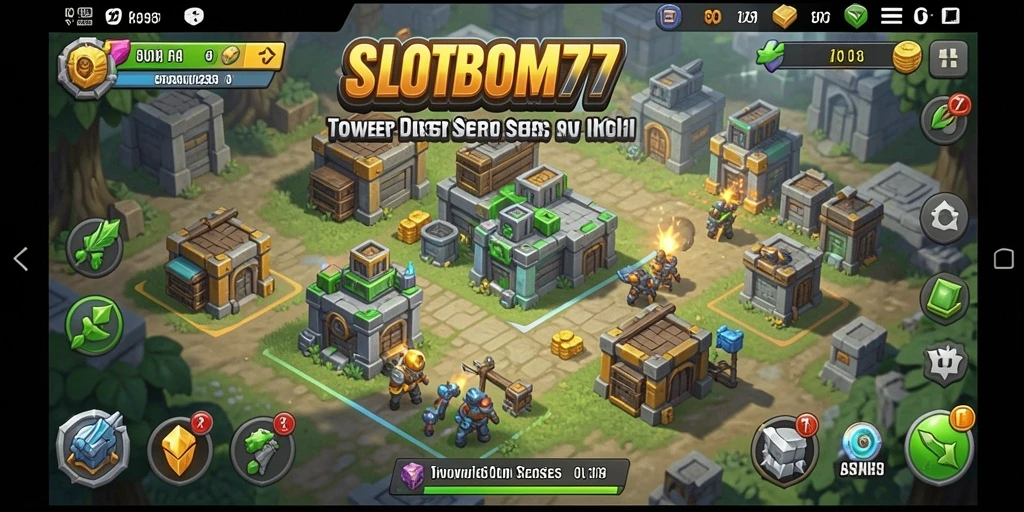 Screenshot SLOTBOM77 menampilkan gameplay Tower Defense yang seru.