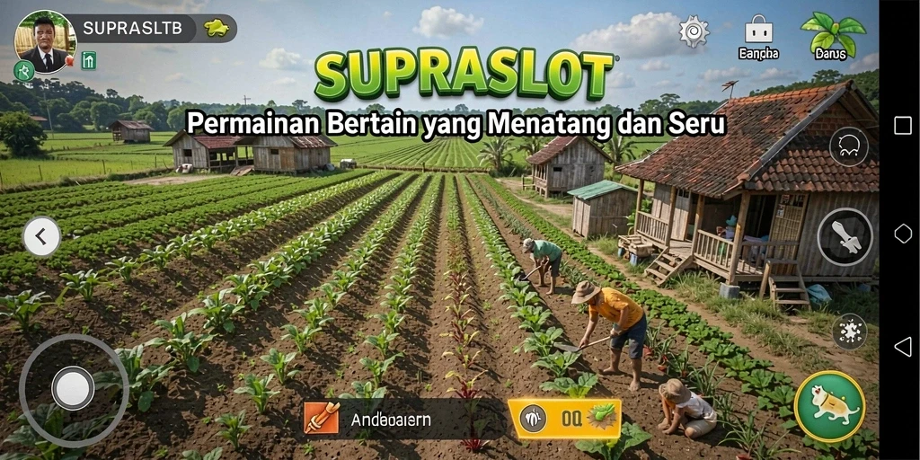 Tangkapan layar gameplay SUPRASLOT dengan pemandangan pertanian yang indah.