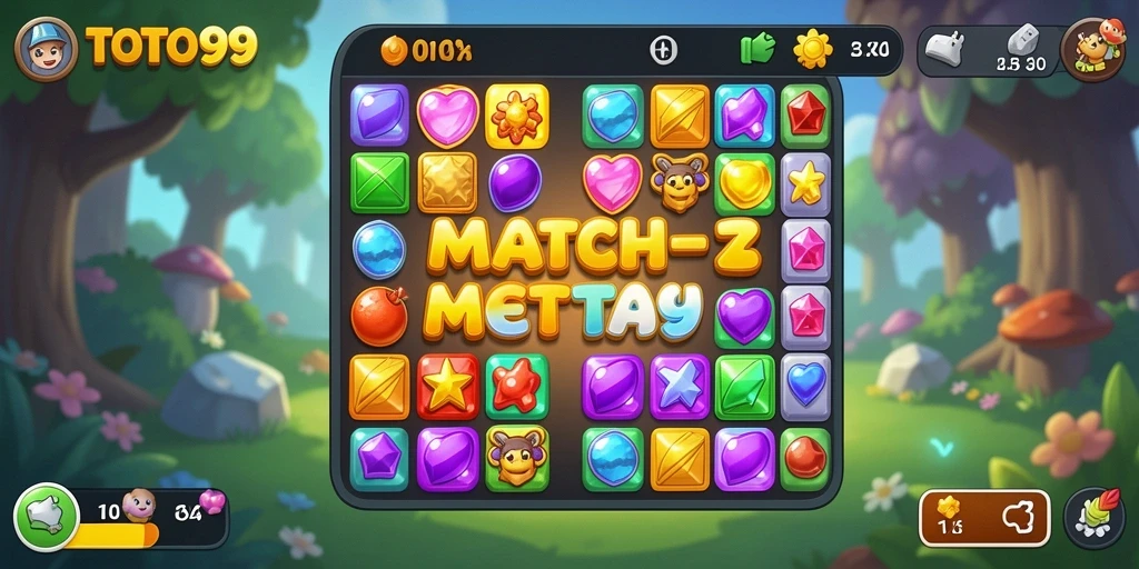 Gameplay menarik TOTO99 dengan berbagai level Match-3 yang penuh warna.