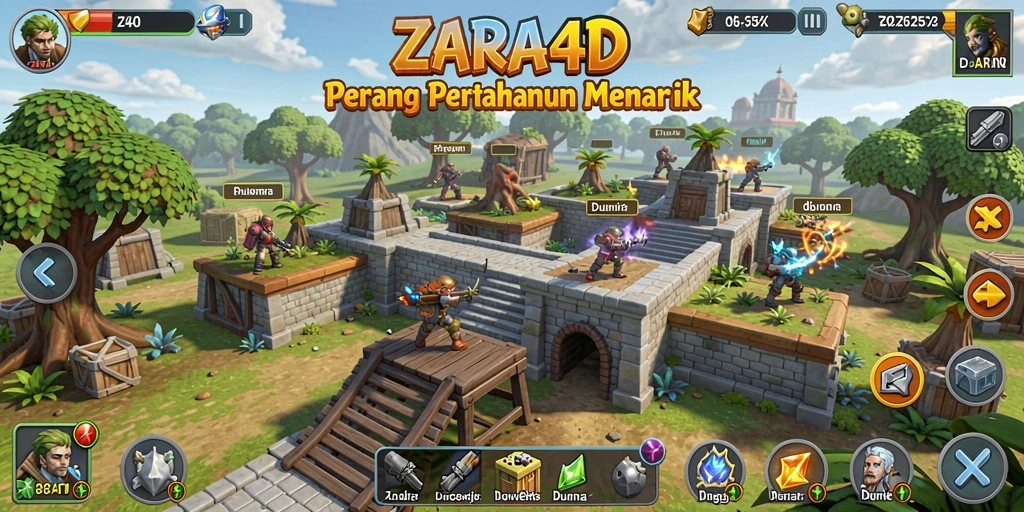 Tampilan gameplay seru ZARA4D dalam pertempuran Tower Defense.